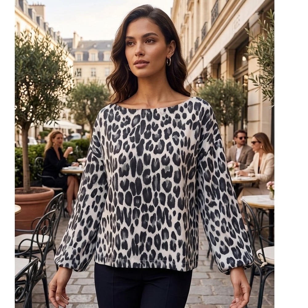 The Limited Leopard Print Boat Neck Blouse Black White Tie Cuff Large Baddiecore